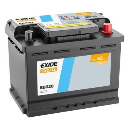 Batterie Exide Excell EB620 12V 62Ah 540A, vue trois quarts